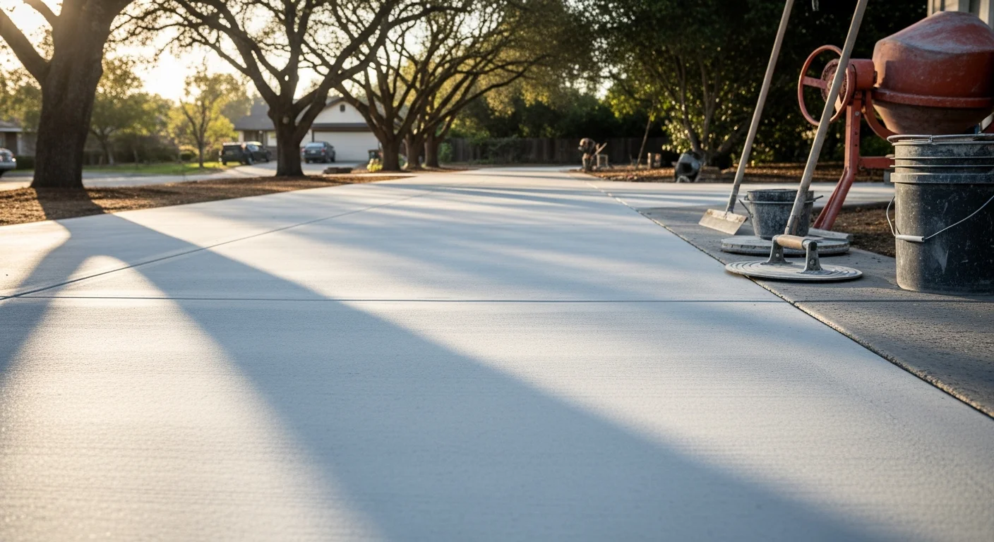 A freshly resurfaced concrete driveway in front of a single-family home in Placer County, California. The overlay shows a smooth, even finish with no visible cracks or surface scaling.