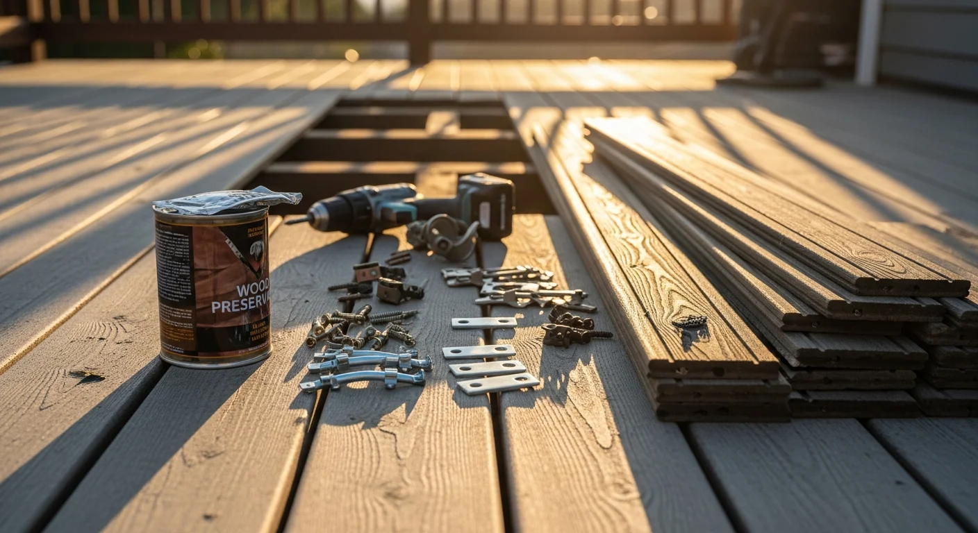 A repaired wood deck on a Placer County foothill property showing replaced boards, fresh sealant, and secure railings. The surrounding landscape reflects the dry oak woodland terrain common to the Auburn and Foresthill area.