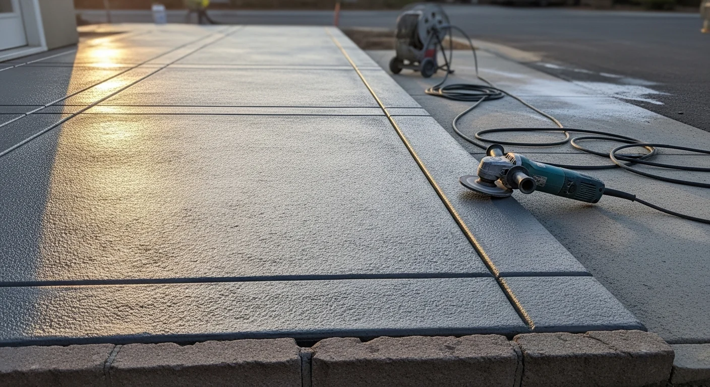 A freshly resurfaced concrete patio at a Placer County home, showing a smooth, textured overlay with a sealed finish. The surface is clean and even, replacing the previously cracked and weathered concrete.