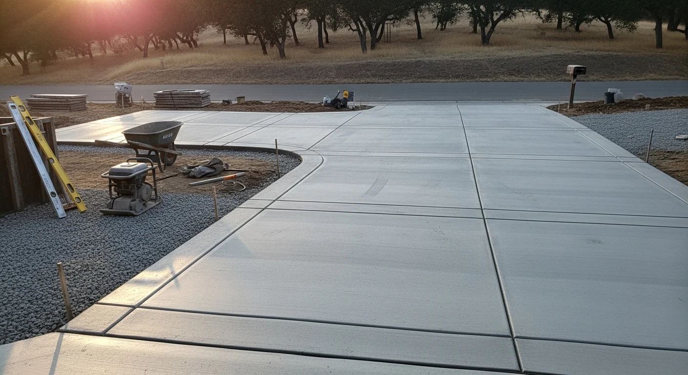 A freshly poured residential concrete driveway in Placer County, California, with a clean broom finish leading to a two-car garage. The slab shows straight edges, visible control joints, and proper slope away from the home's foundation.