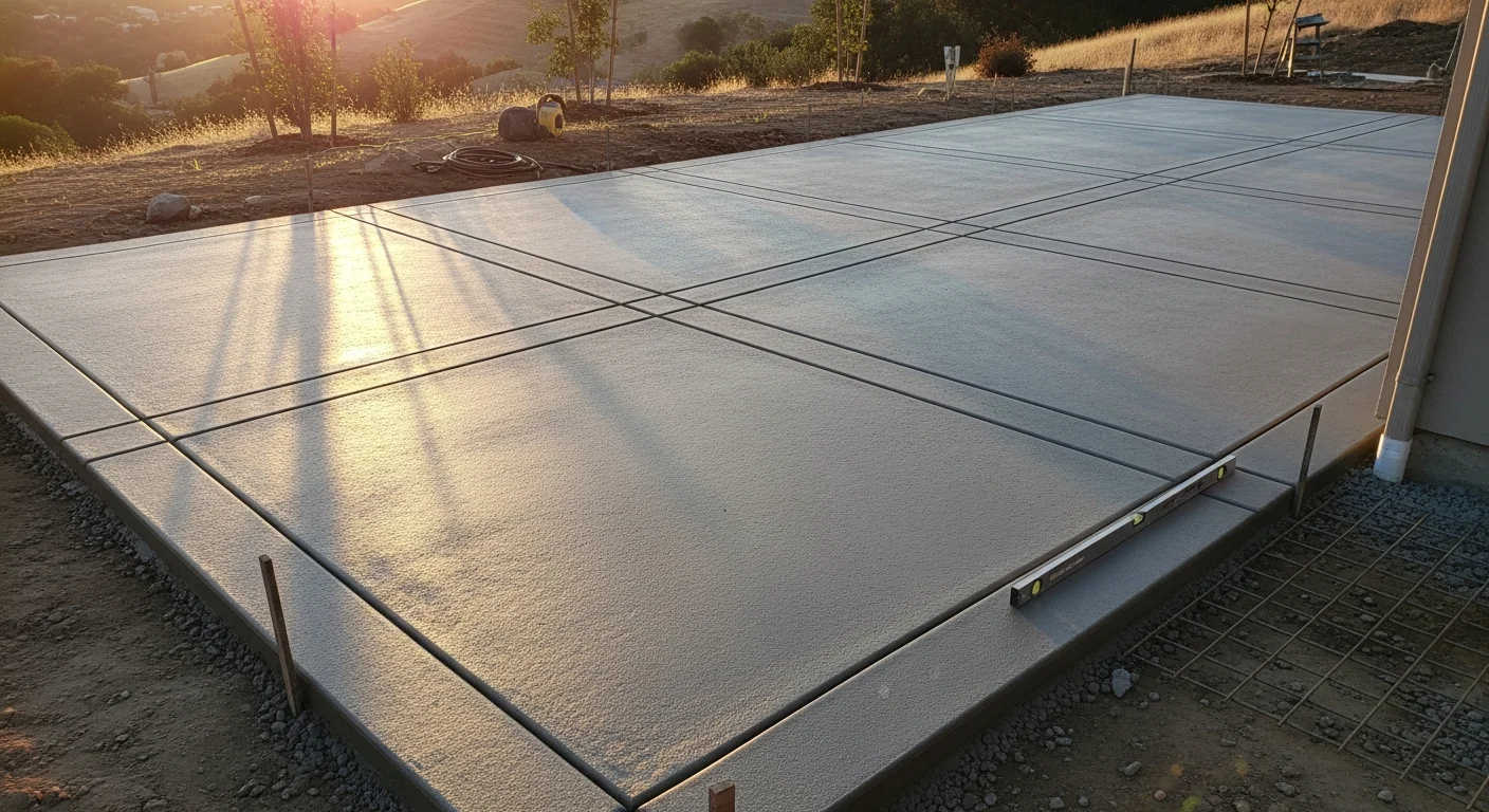 A finished residential concrete patio in a Placer County backyard with a smooth broom-textured surface and clean edges. The slab extends from the back of a single-story home toward a grassy yard under a clear California sky.
