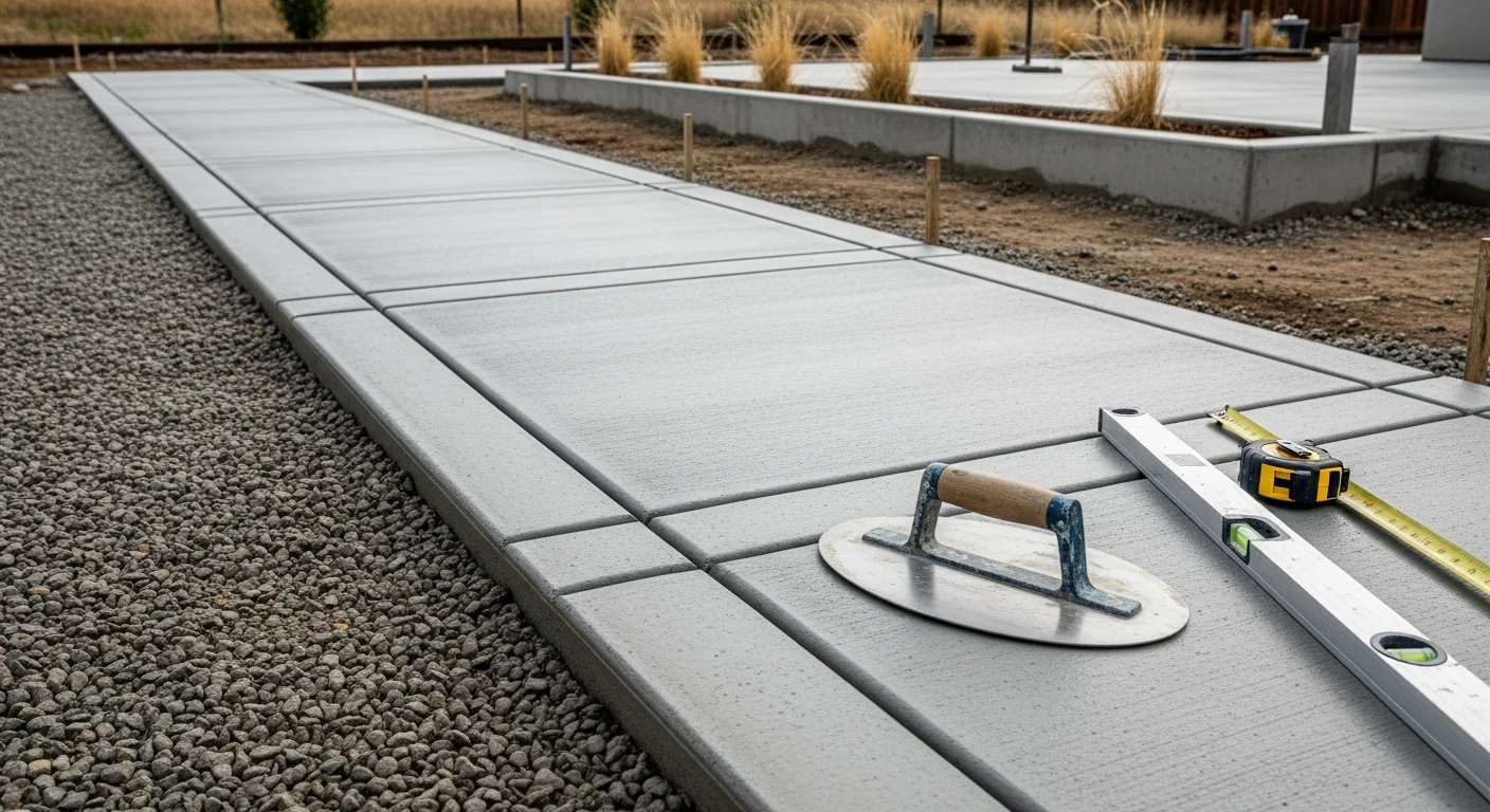 Freshly poured residential concrete sidewalk in front of a single-family home in Placer County, California. Smooth gray surface with visible control joints runs from the driveway to the front entry.
