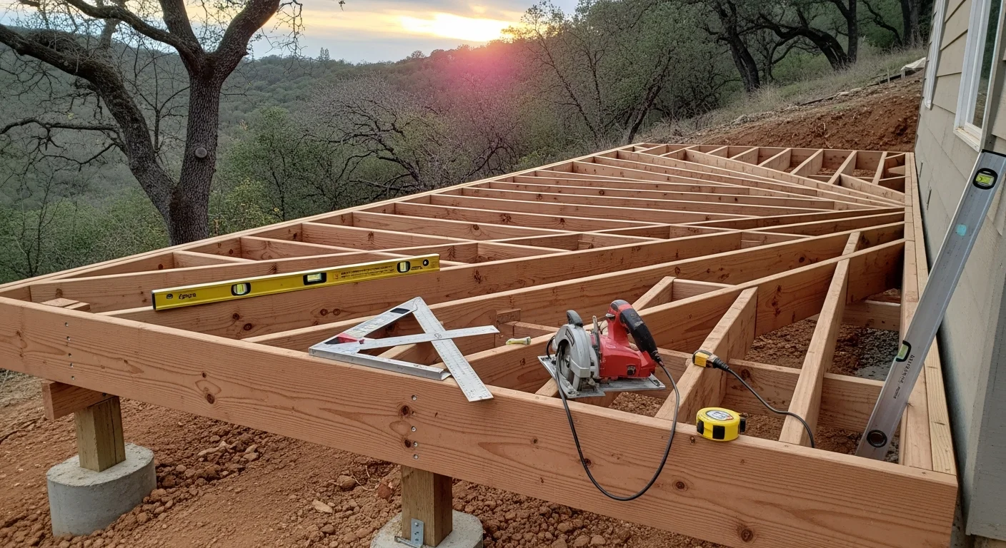 A newly completed multi-level residential deck on a sloped backyard lot in Placer County, California. The deck features open framing, a staircase connecting two platform levels, and a clear view of the surrounding foothill landscape.