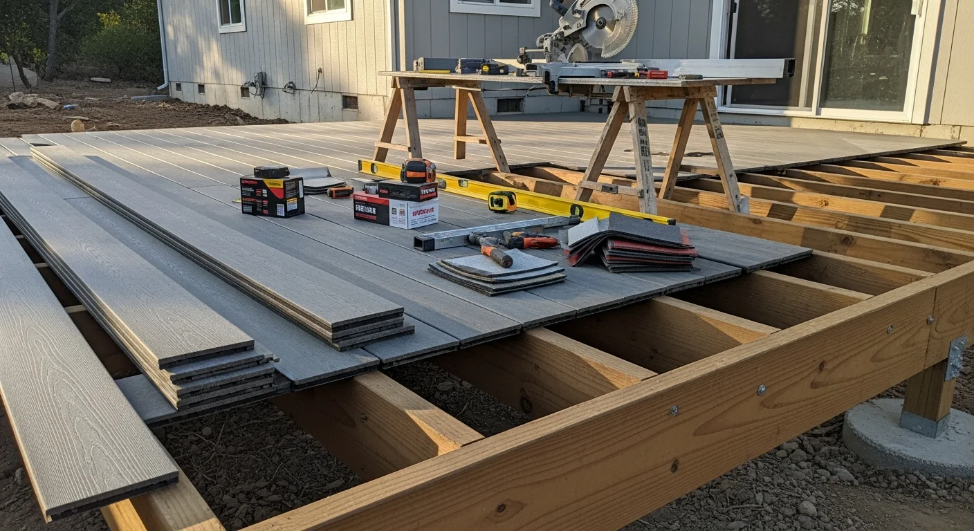 A remodeled residential deck on a Placer County home, showing new decking surface, updated railings, and rebuilt stairs against a foothill landscape. The finished structure reflects code-compliant construction suited to the local climate zone.
