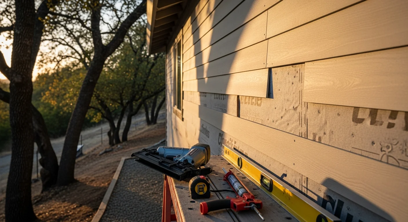 A Placer County residential home with newly installed exterior siding, showing clean panel lines and finished trim along the front elevation. The surrounding landscape reflects the Northern California foothill setting typical of communities like Auburn and Roseville.