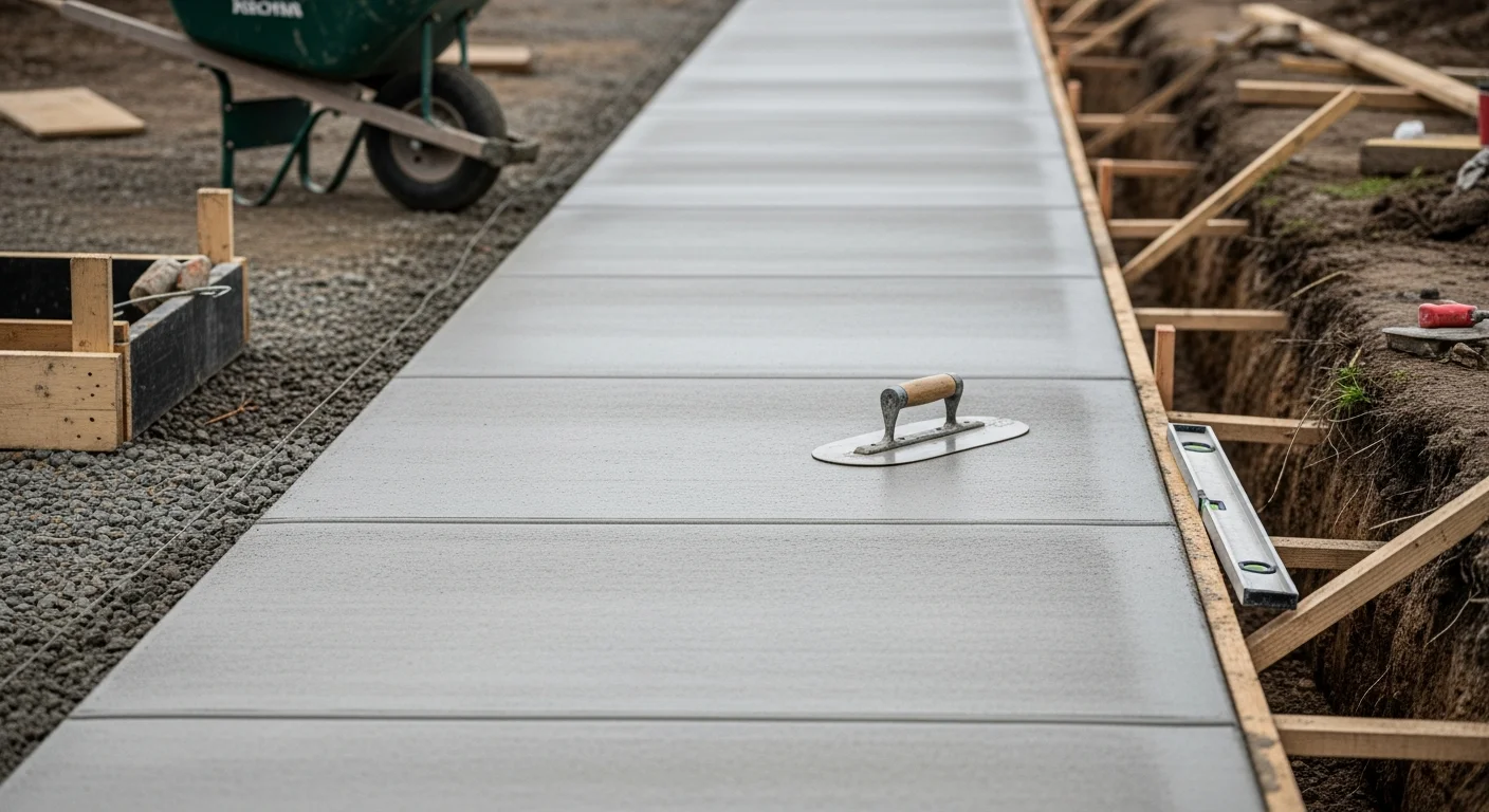 A freshly poured concrete sidewalk running along the front of a residential property in Placer County, California. The surface is smooth and level, with clean form lines and a slight drainage slope away from the home.
