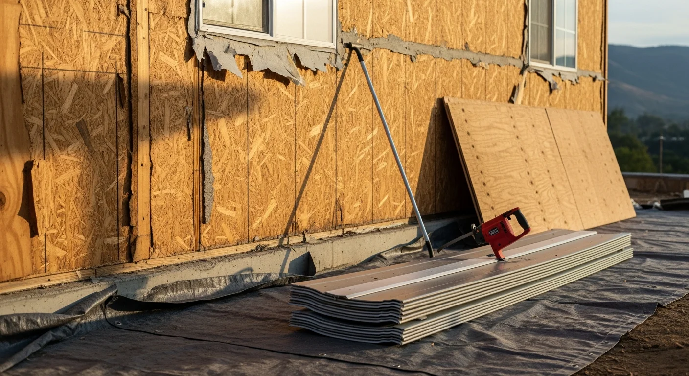 A Rough Stuff LLC crew removing old exterior siding panels from a single-family home in Placer County, California. Stripped wall sheathing is visible with debris staged on the ground below.