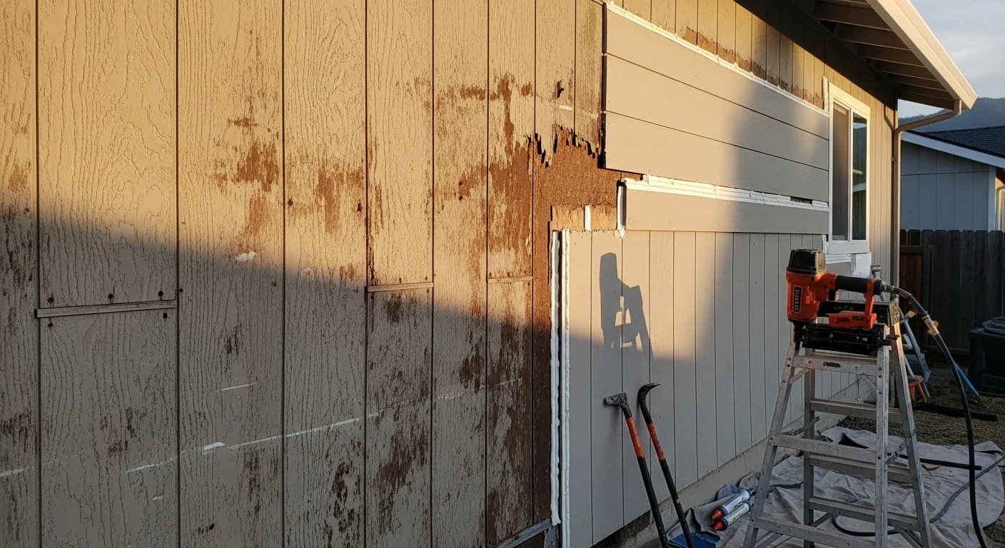 A Rough Stuff LLC crew member replacing damaged siding panels on the exterior wall of a residential home in Placer County, CA. The repaired section shows fresh, fitted cladding installed flush against the surrounding undamaged siding.