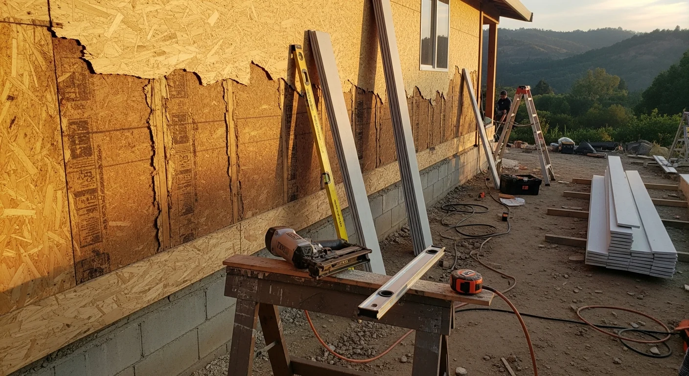 Freshly installed exterior siding on a single-story home in Placer County, California, showing clean panel lines and sealed trim against a clear blue sky. The completed replacement covers the full front and side walls of a foothill-area residence.